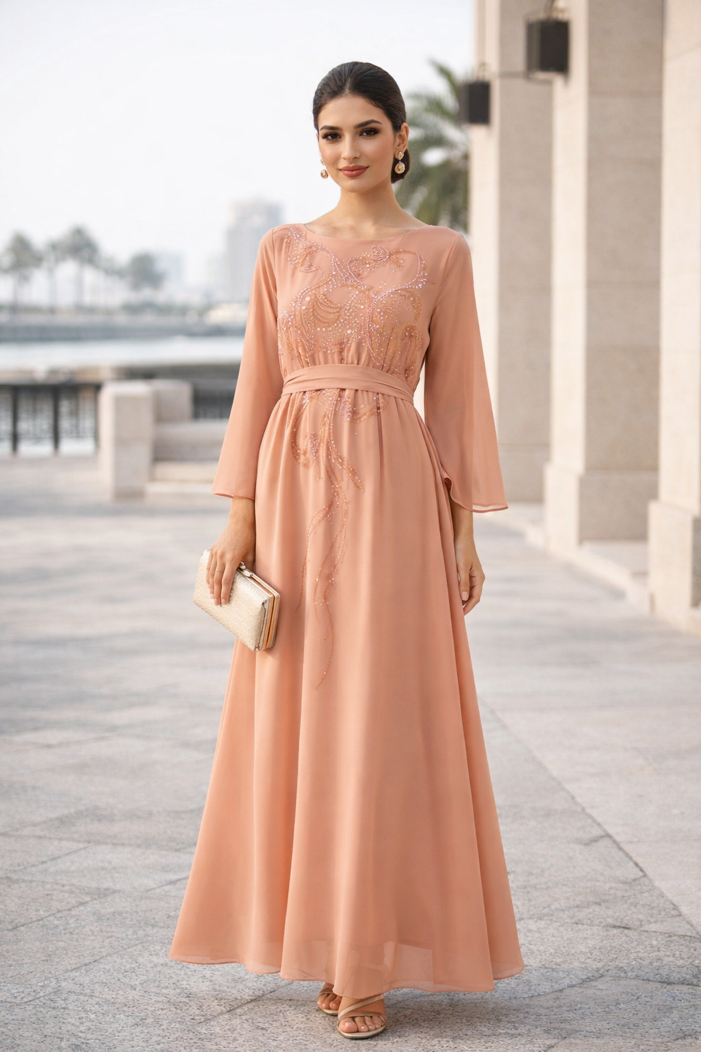 Embellished Draped Chiffon Gown