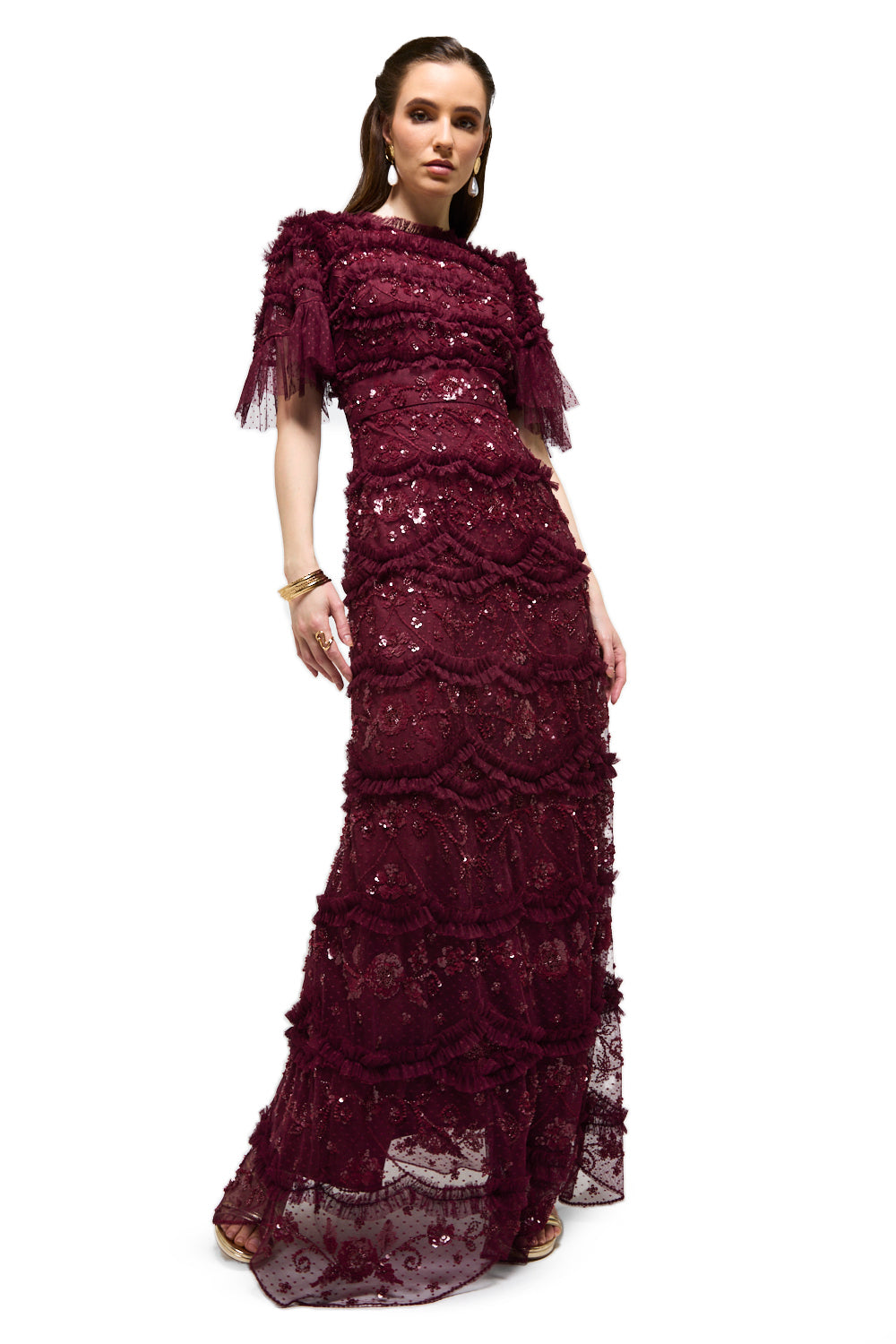 Sequin Fringe Lace Maxi Dress