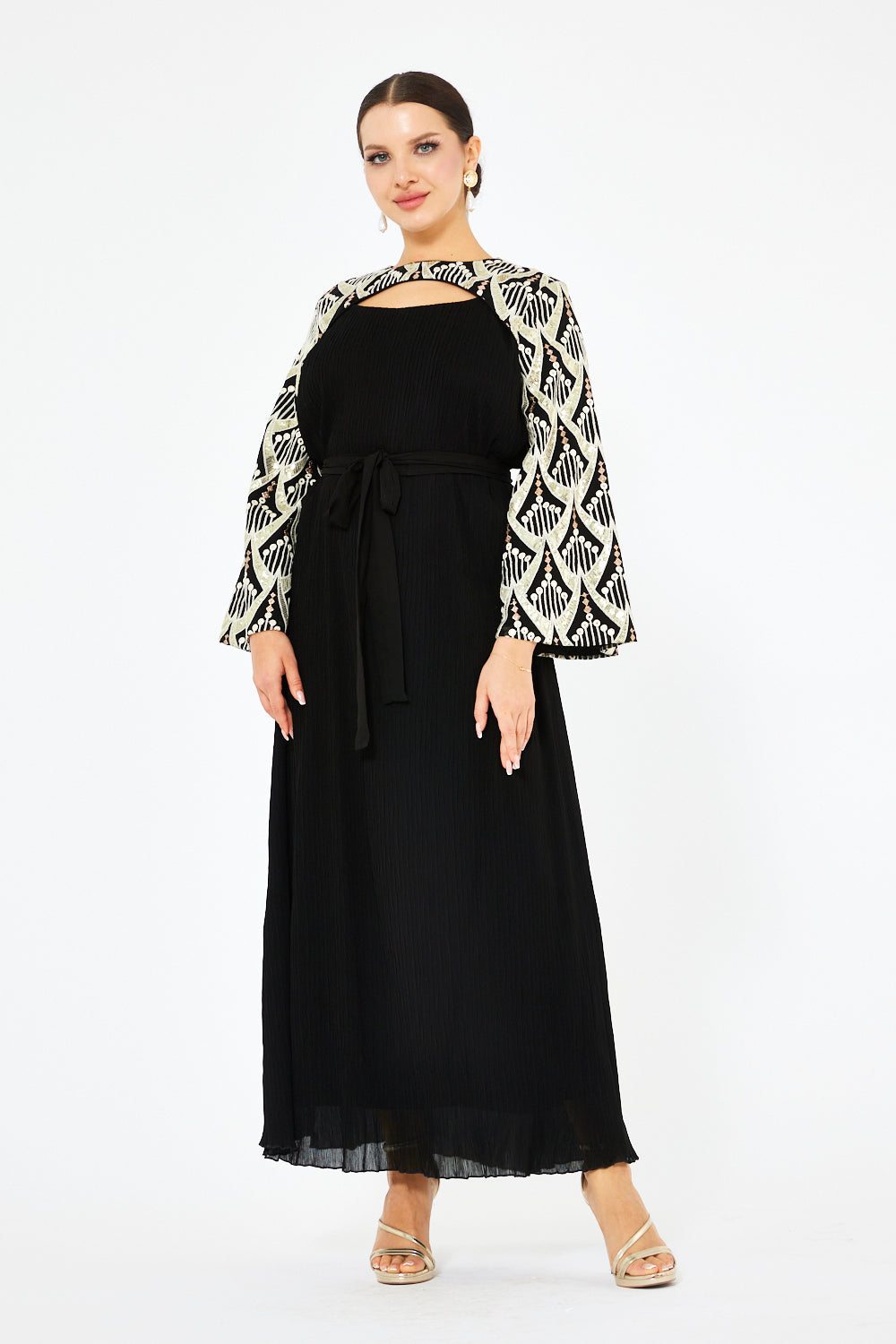 Embroidered Cape Sleeve Gown
