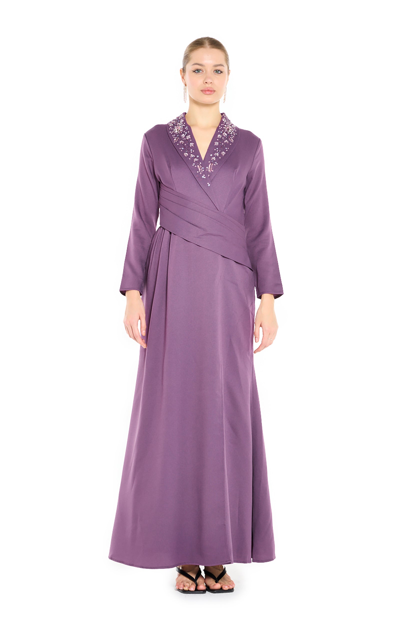 Embellished Wrap-Front Gown with Draped Waist Detail