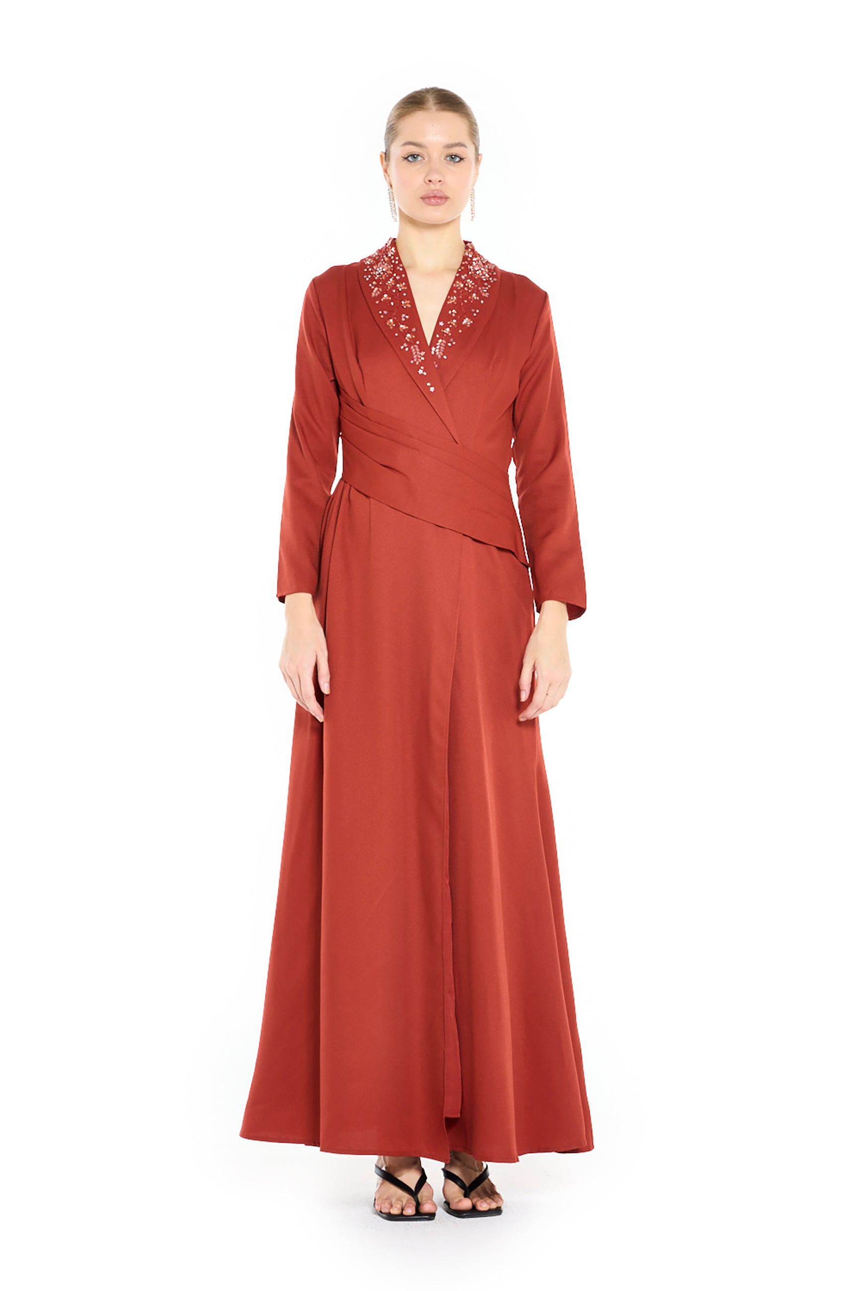 Embellished Wrap-Front Gown with Draped Waist Detail