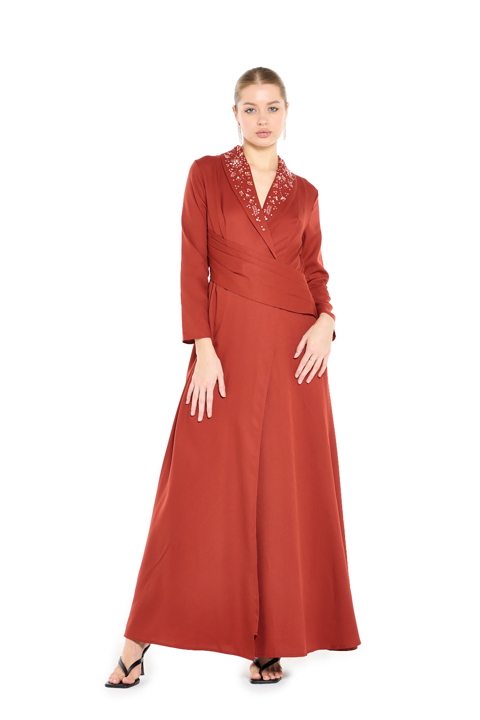 Embellished Wrap-Front Gown with Draped Waist Detail