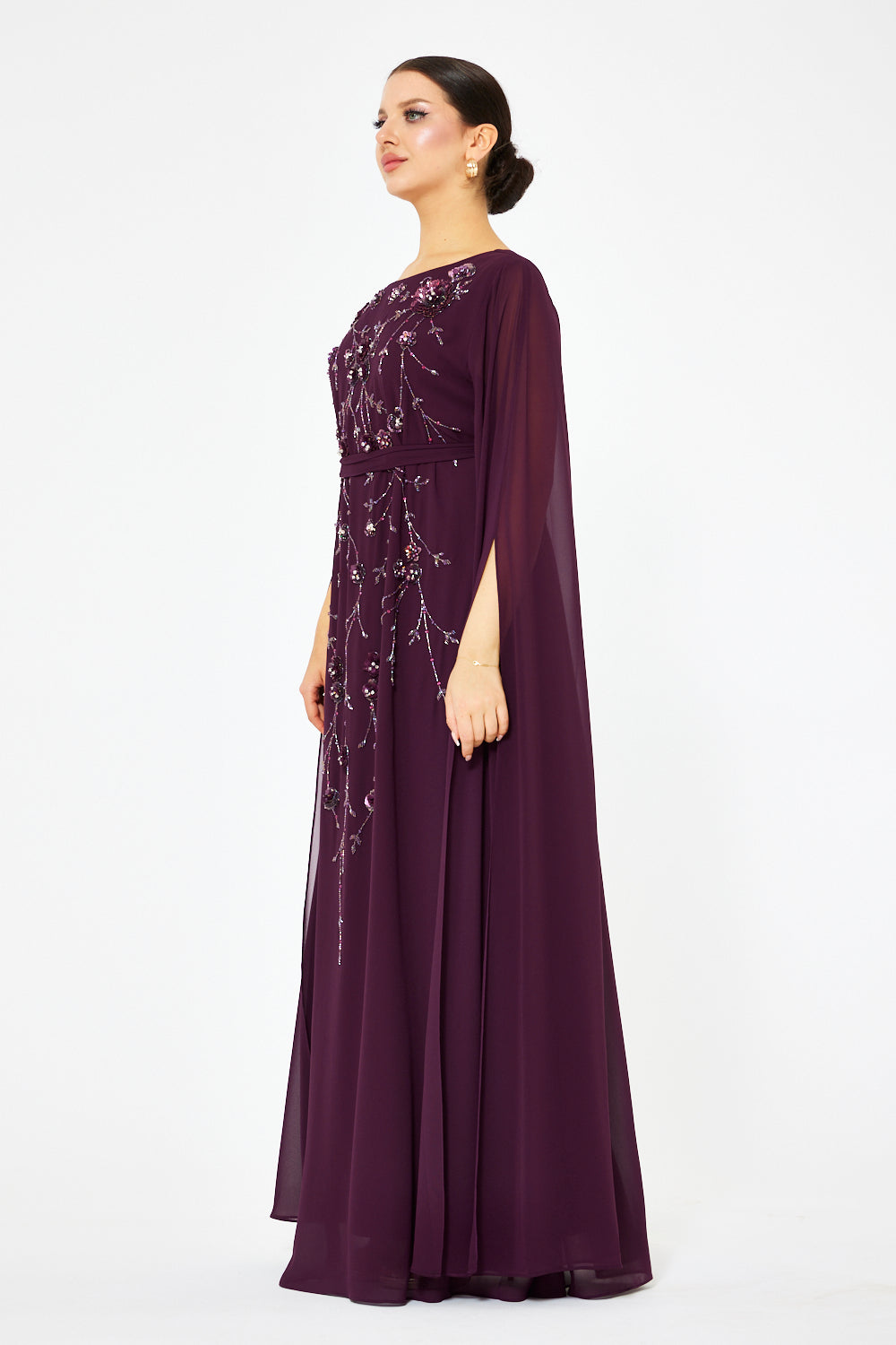 Embellished Floral Cascade Cape Gown