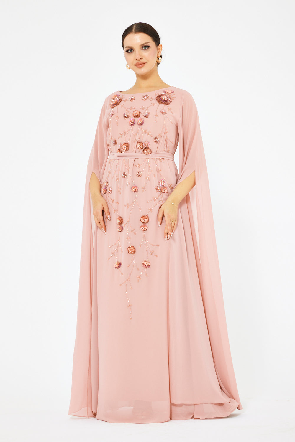Embellished Floral Cascade Cape Gown