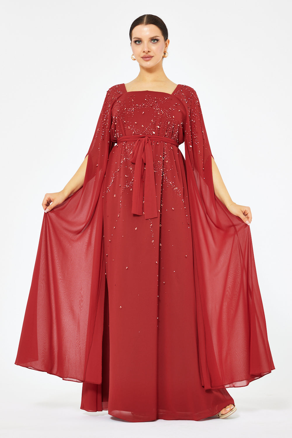 Crystal Scatter Cape Sleeve Gown