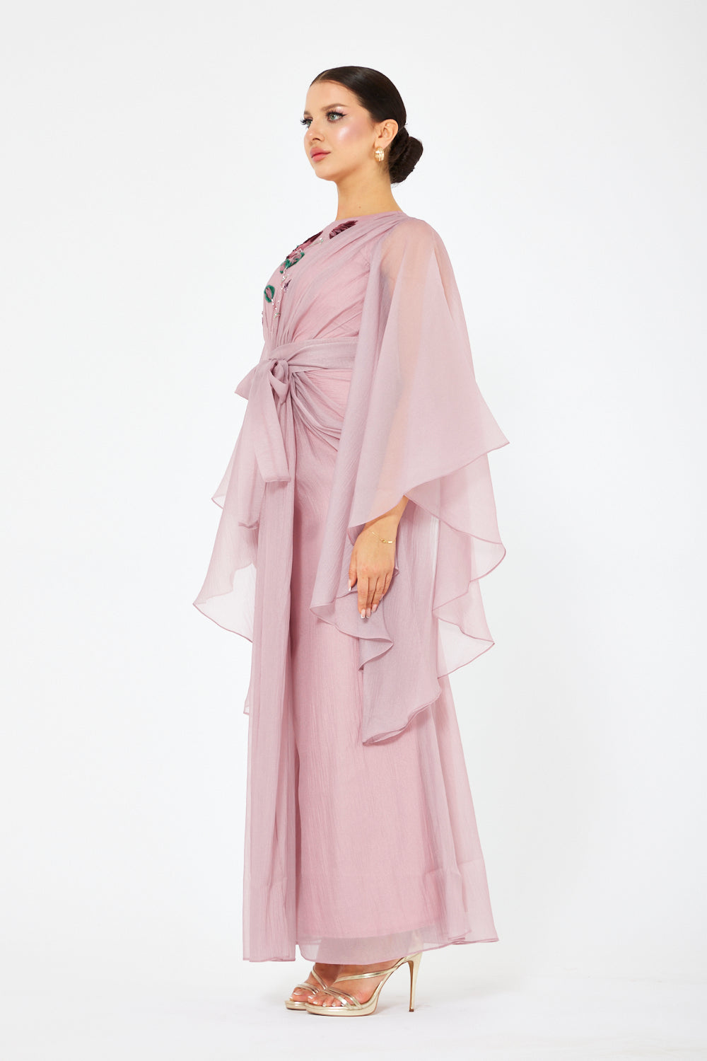 Botanical Embroidered Cape-Sleeve Layered Gown