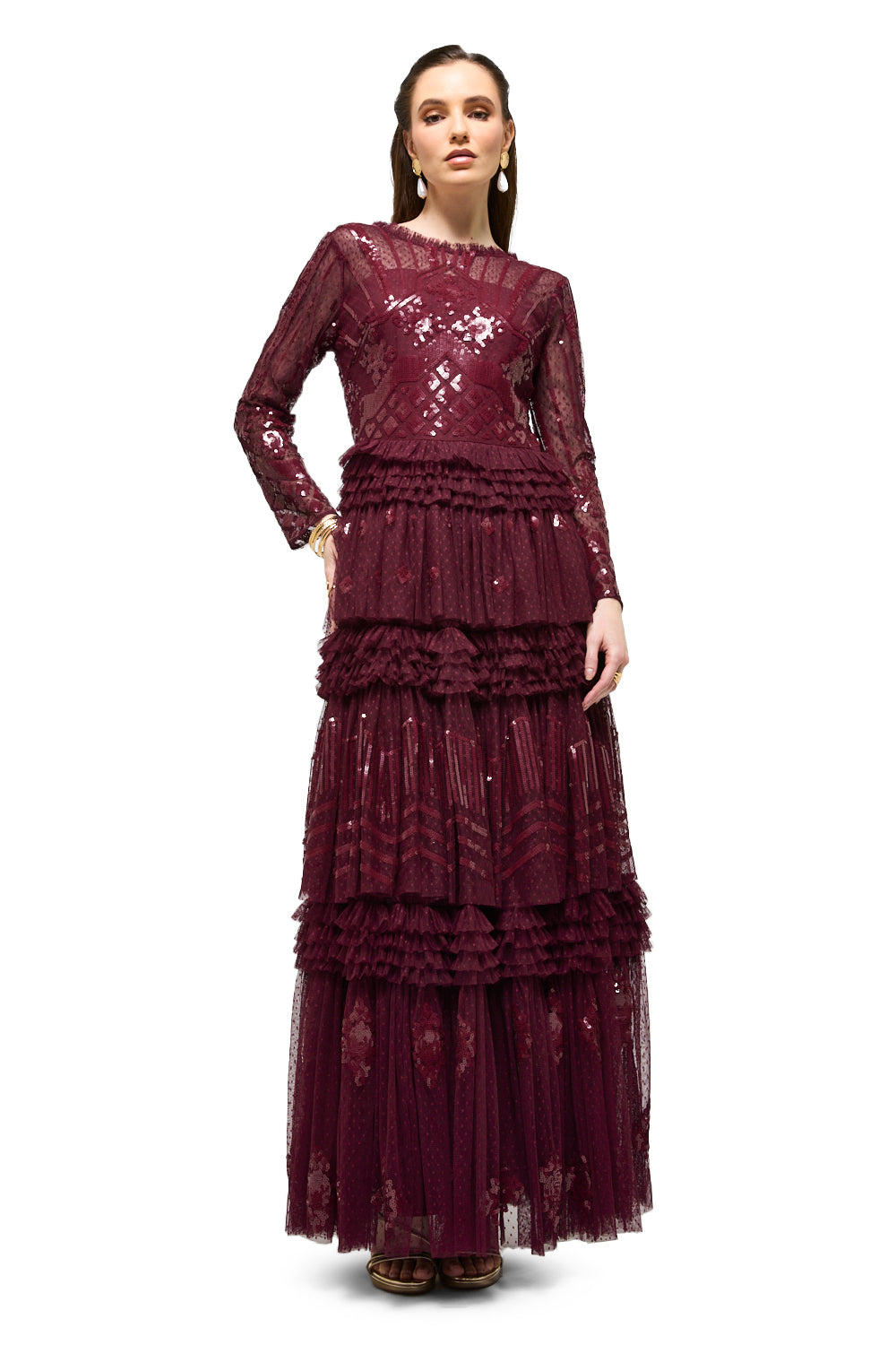 Sequin Lace Tiered Ruffle Maxi Dress