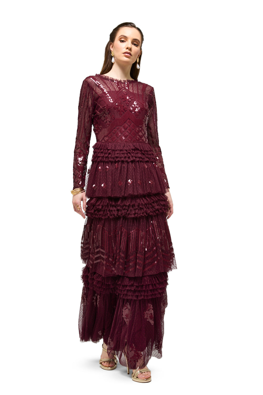 Sequin Lace Tiered Ruffle Maxi Dress
