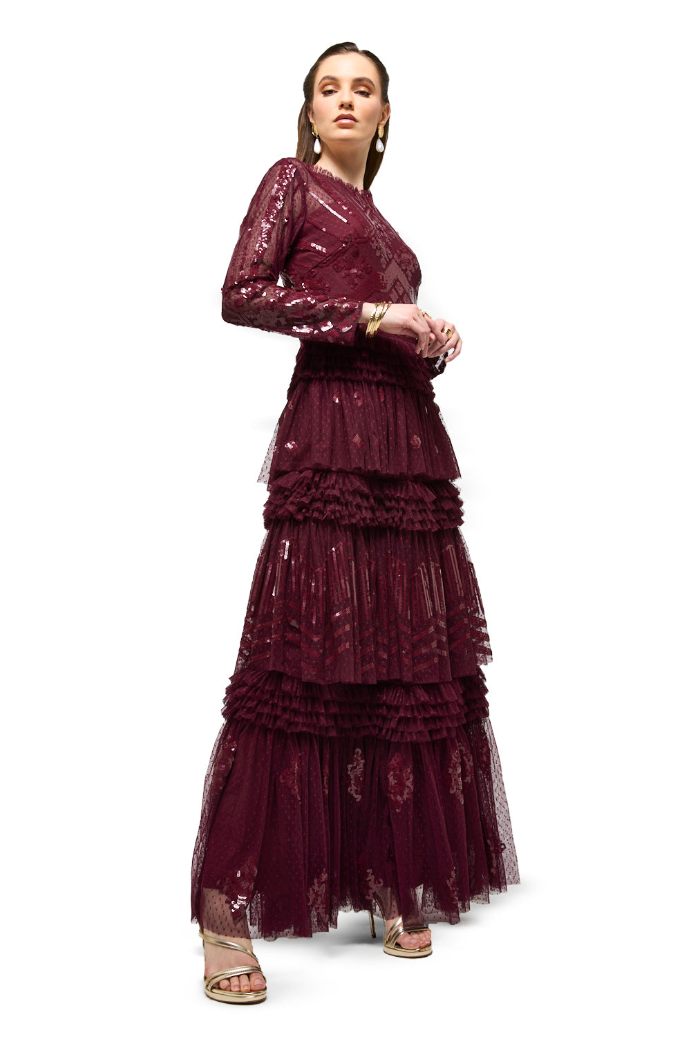 Sequin Lace Tiered Ruffle Maxi Dress
