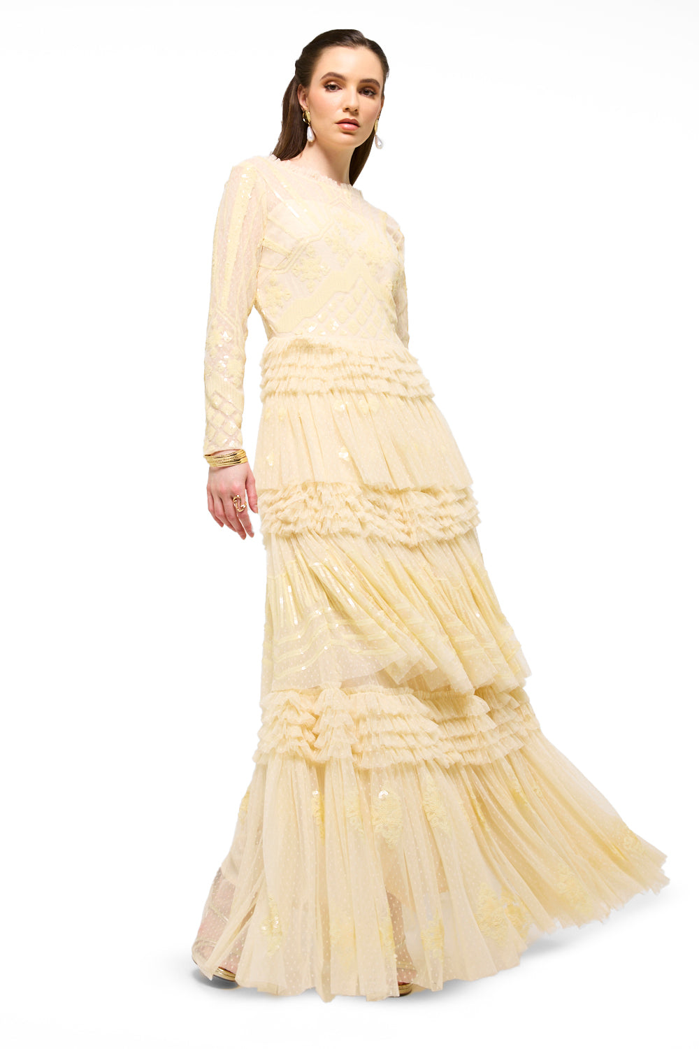 Sequin Lace Tiered Ruffle Maxi Dress