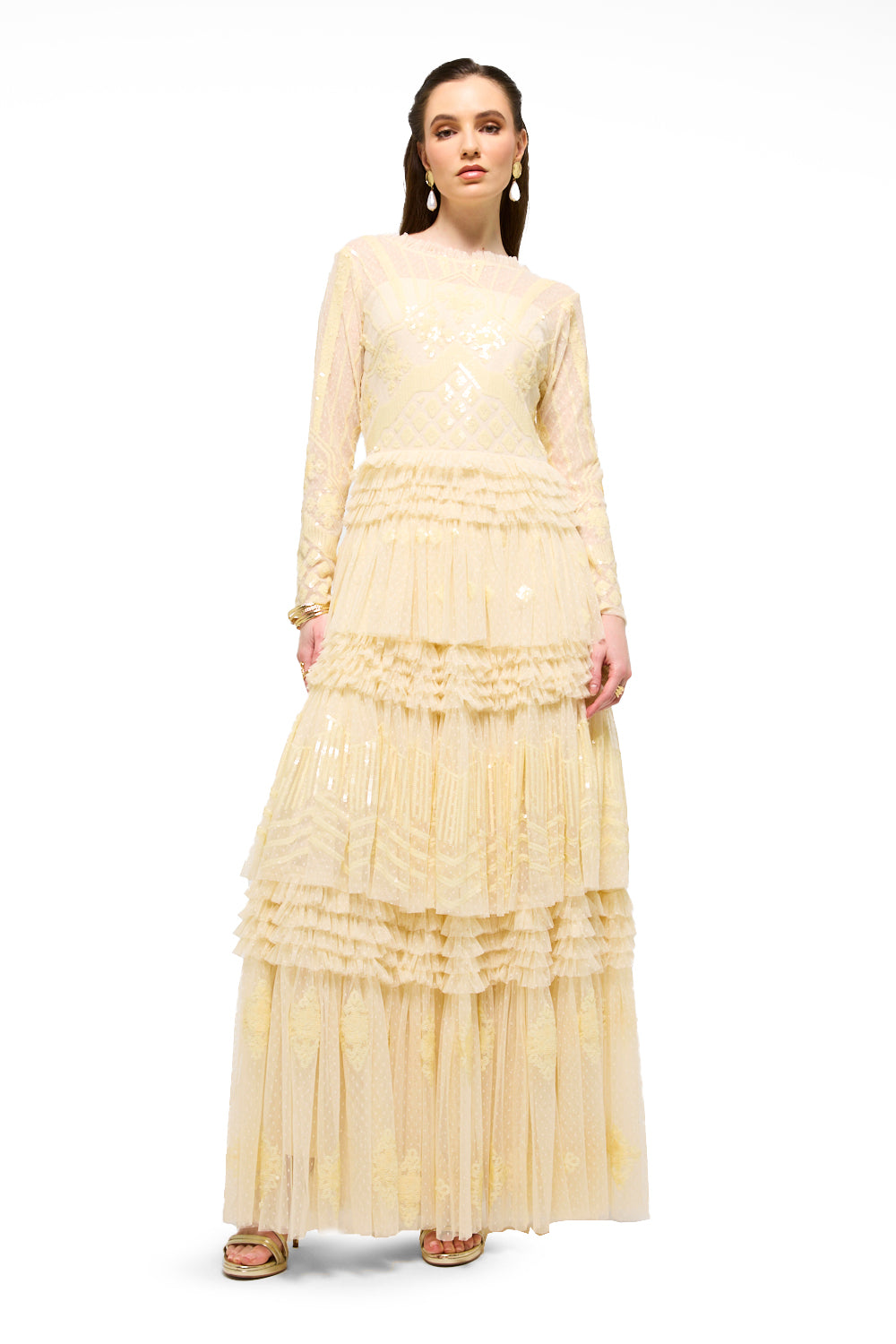 Sequin Lace Tiered Ruffle Maxi Dress