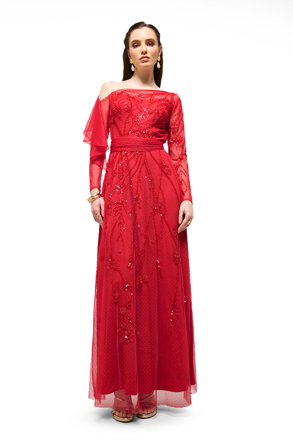 One-Shoulder Embellished Tulle Maxi Dress