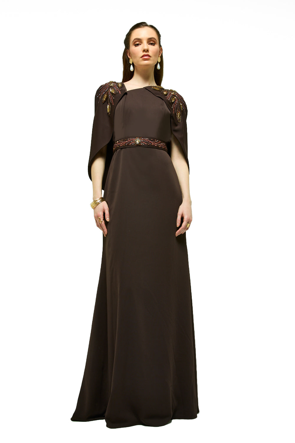 Embellished Shoulder Cape Maxi Dress