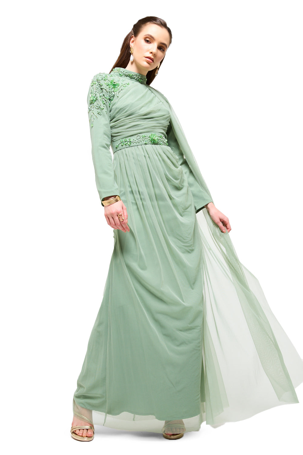 Embellished Waist Drape Cape Maxi Dress