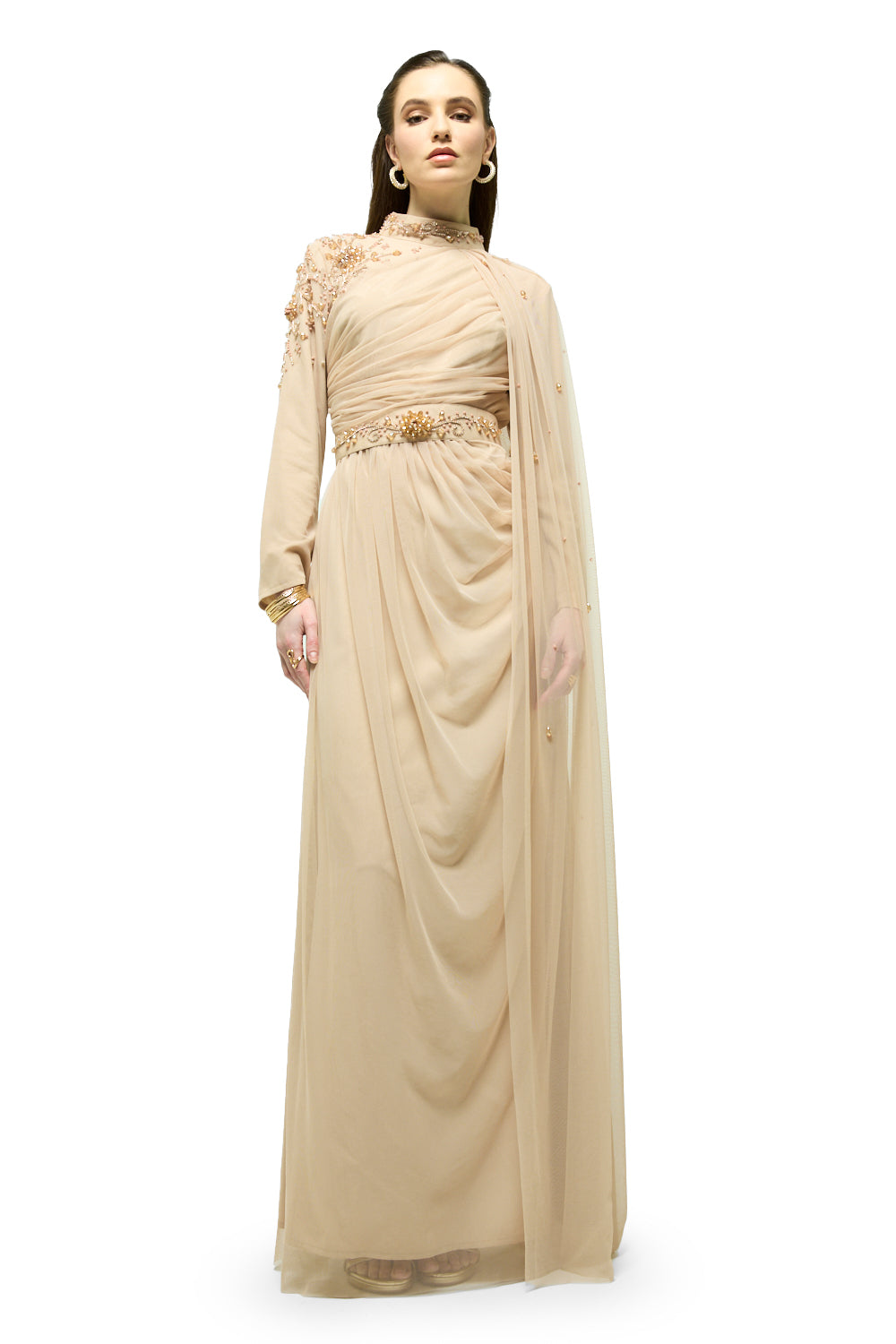 Embellished Waist Drape Cape Maxi Dress