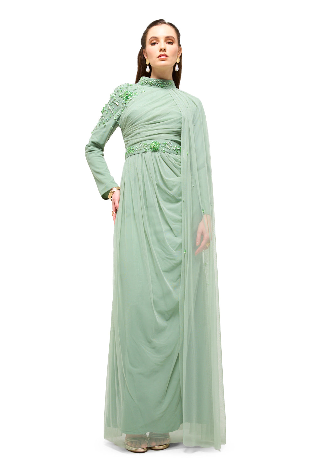 Embellished Waist Drape Cape Maxi Dress
