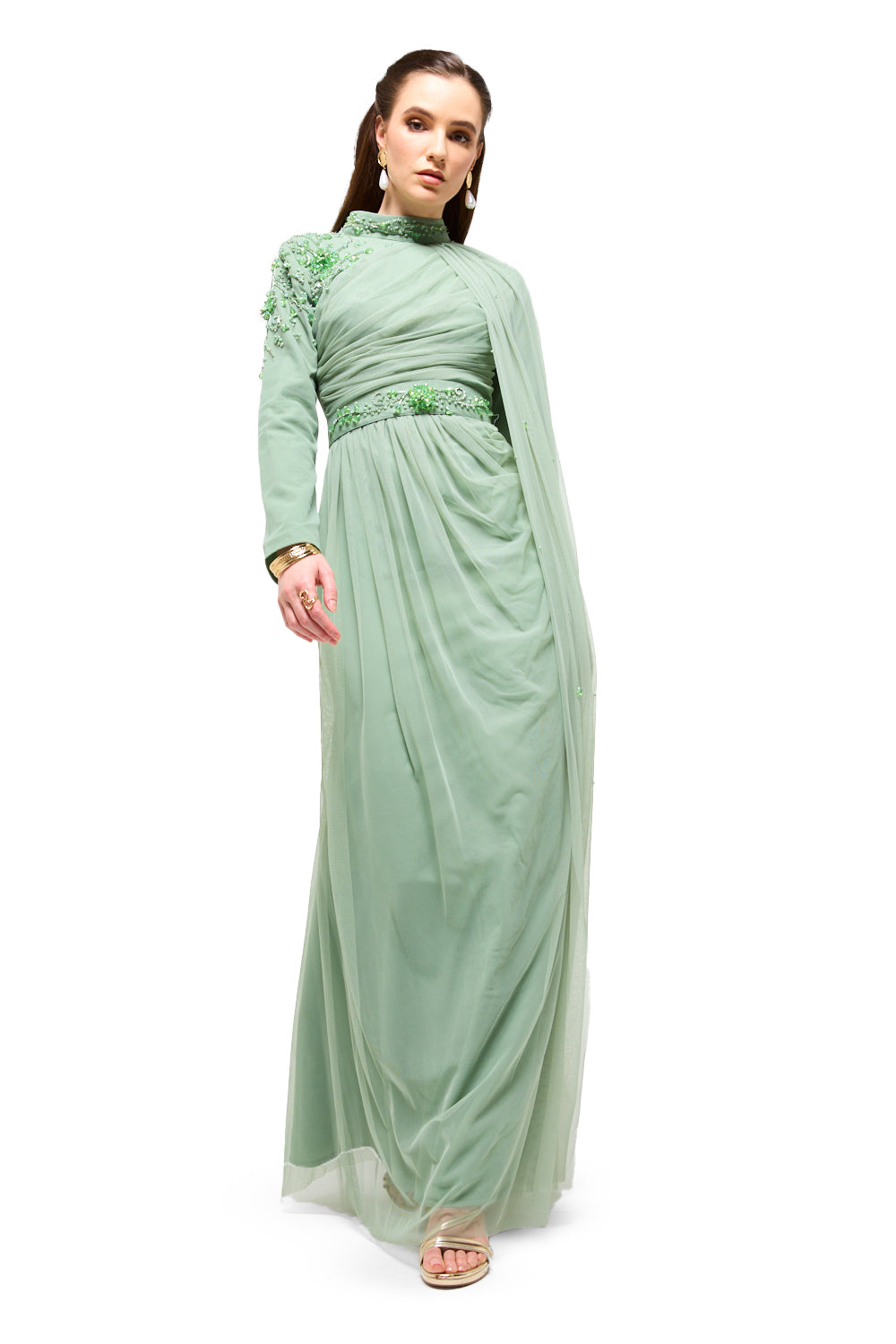 Embellished Waist Drape Cape Maxi Dress