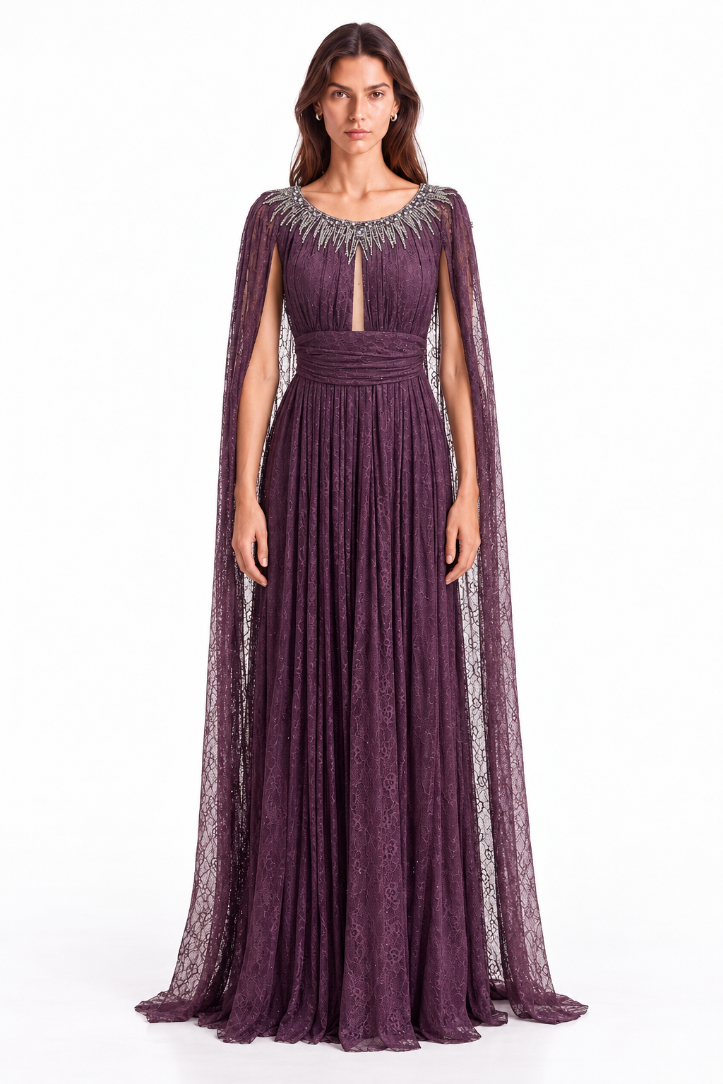 "Nadia" Crystal Cape Lace Gown