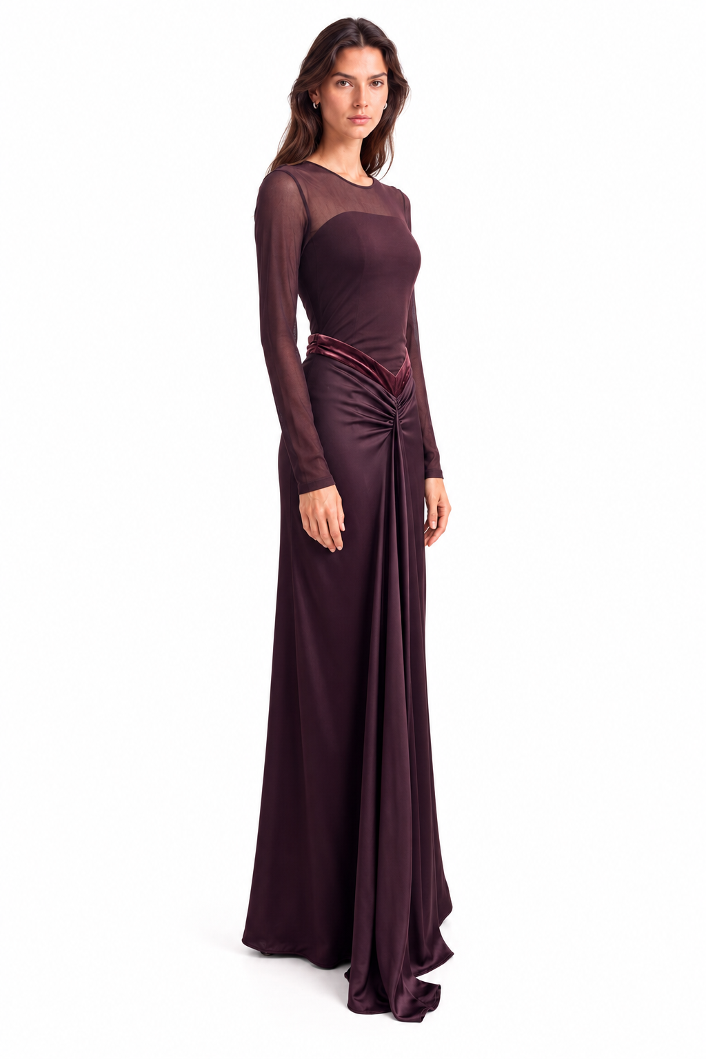 "Talia" Sheer-Sleeve Draped Maxi Gown