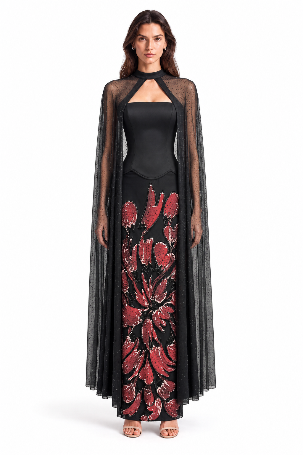 "Zara" Floral Applique Cape Gown