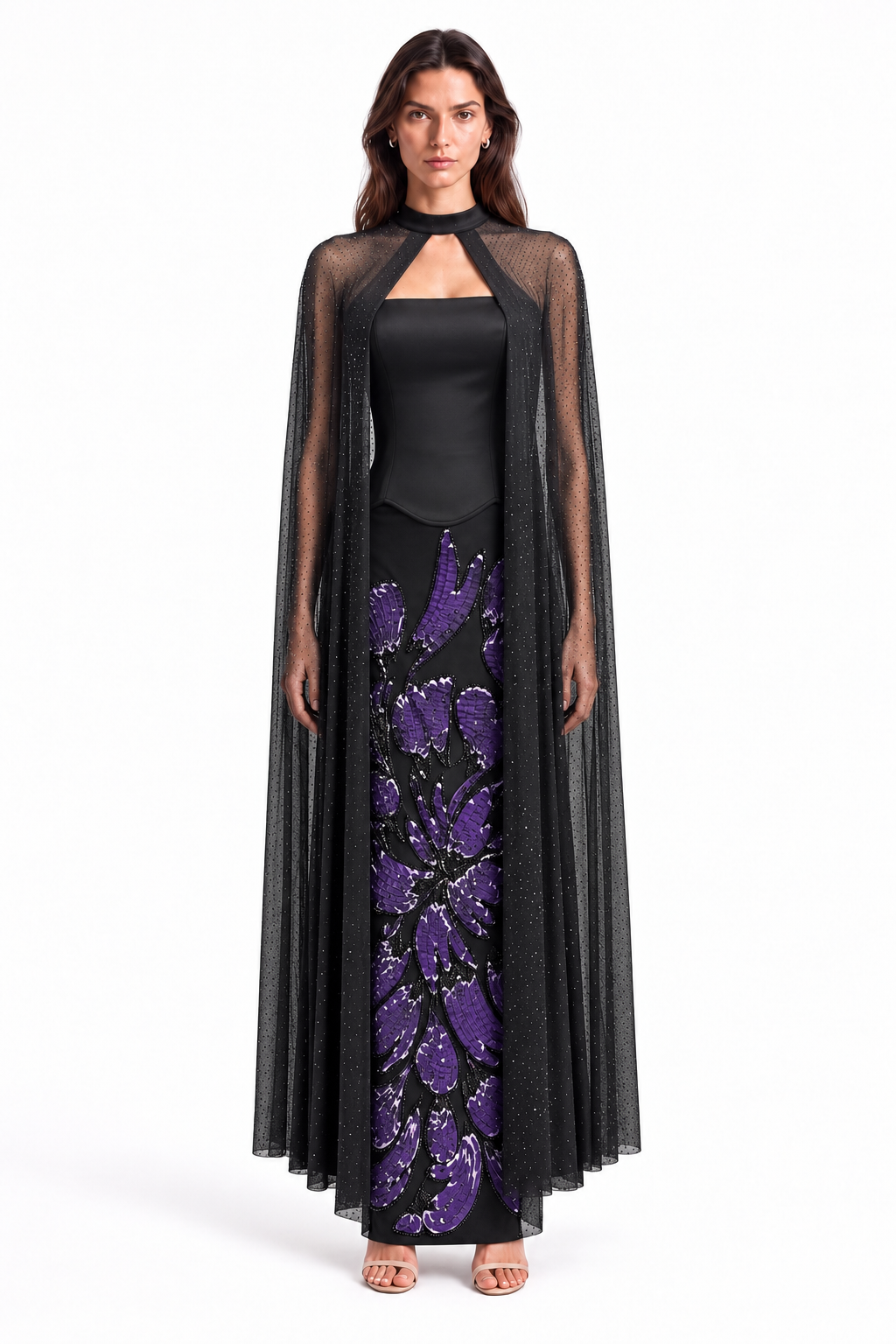 "Zara" Floral Applique Cape Gown