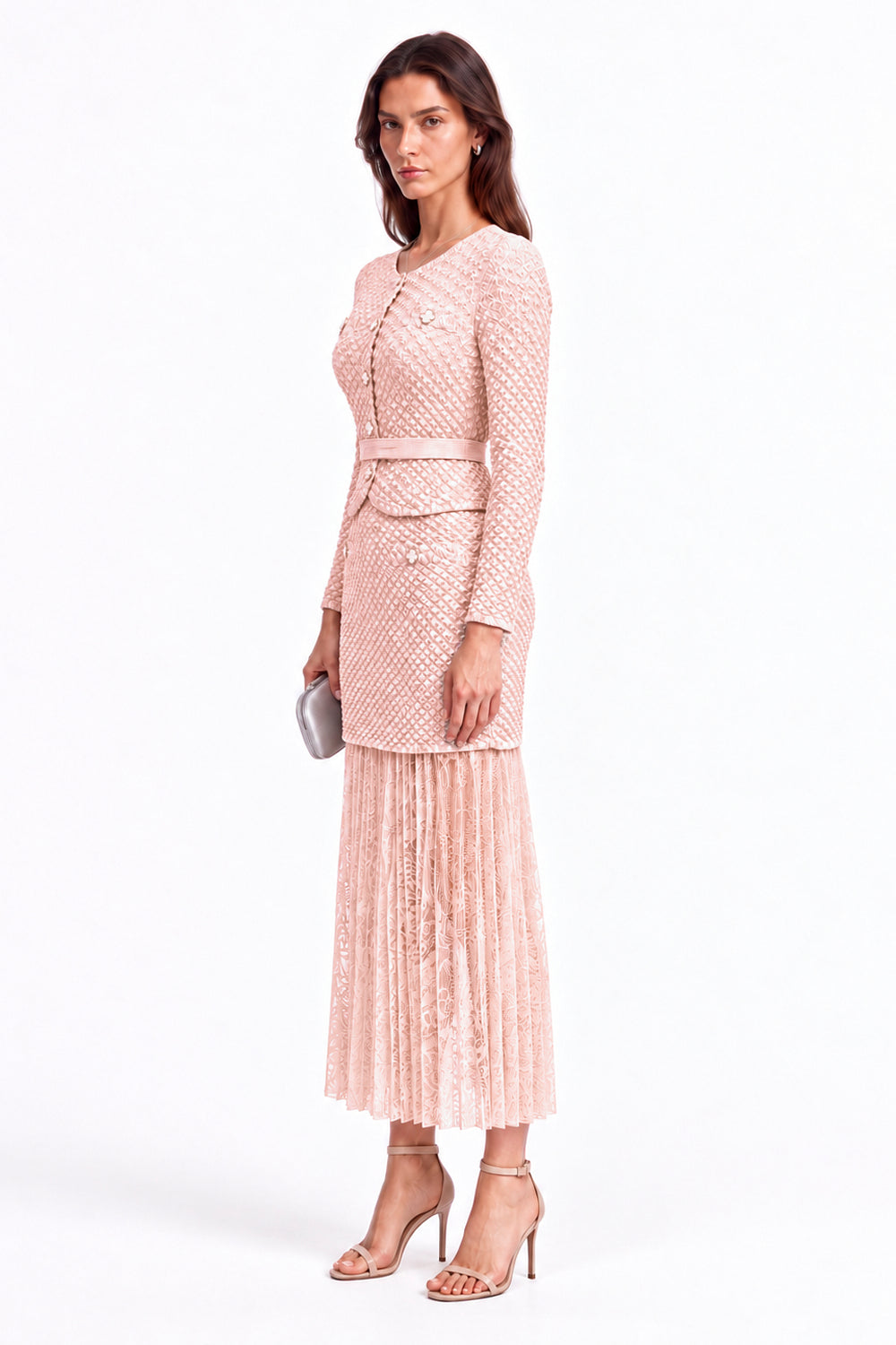 "Maya" Crinkle Chiffon & Mesh Buttoned Jacket Skirt Set