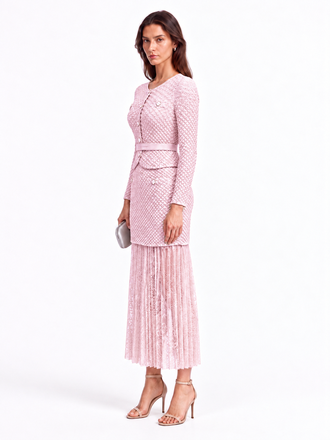 "Maya" Crinkle Chiffon & Mesh Buttoned Jacket Skirt Set