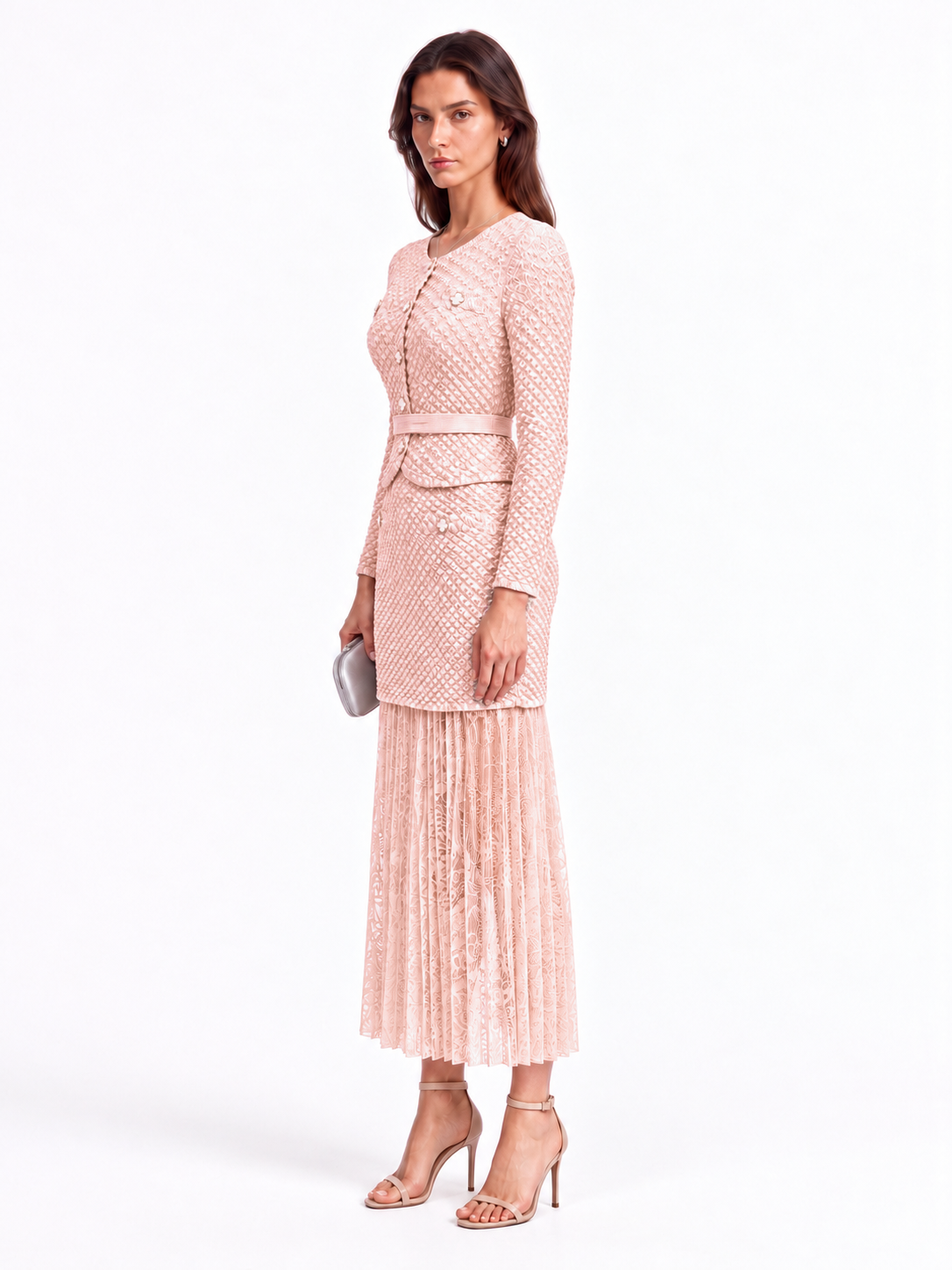 "Maya" Crinkle Chiffon & Mesh Buttoned Jacket Skirt Set