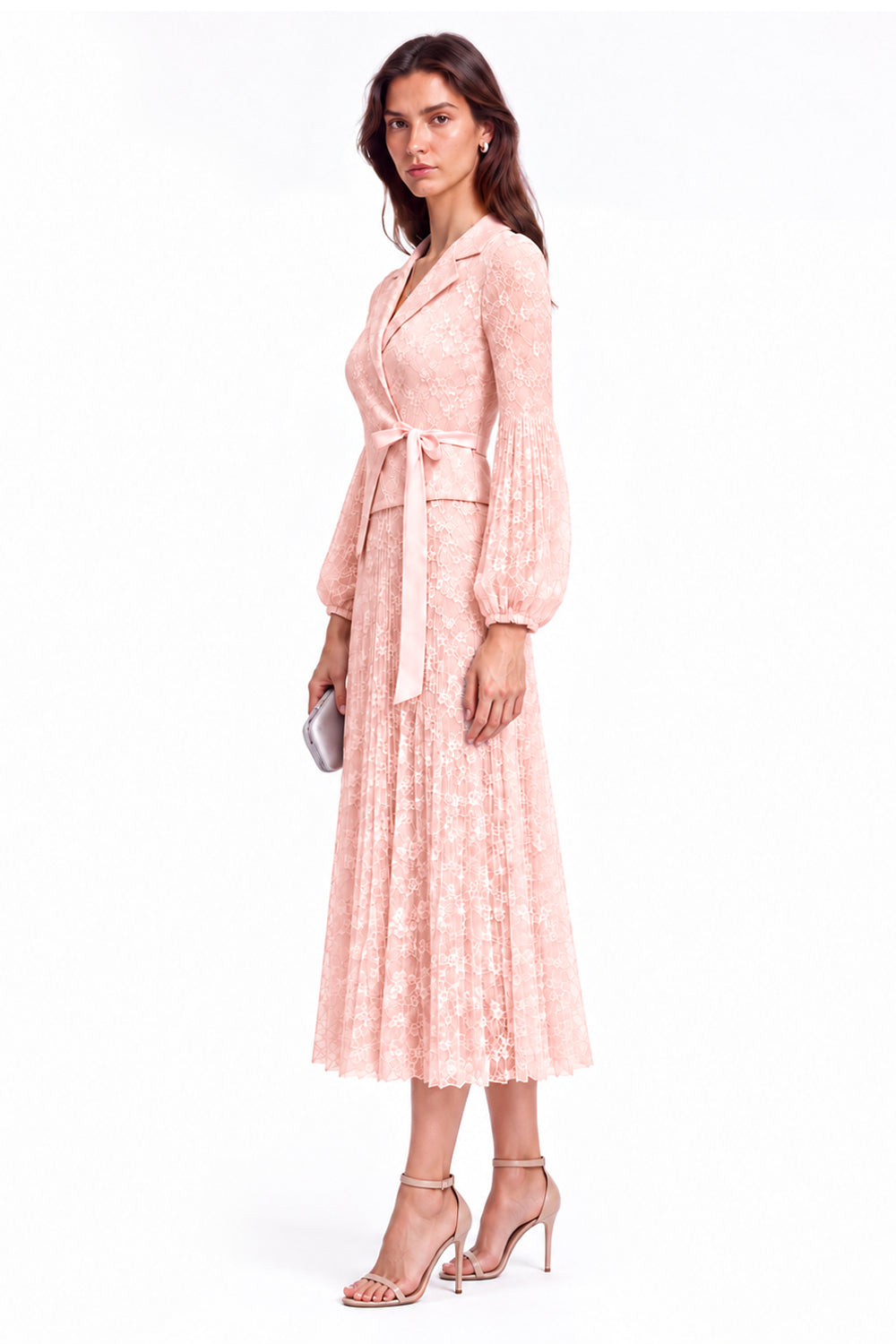 "Elara" Lace Jacket-Style Pleated Maxi Dress