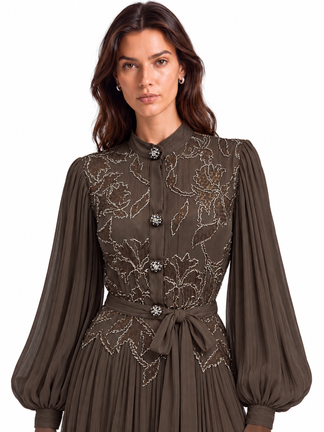 "Nesma" Embroidered Chiffon Tie-Waist Maxi Dress