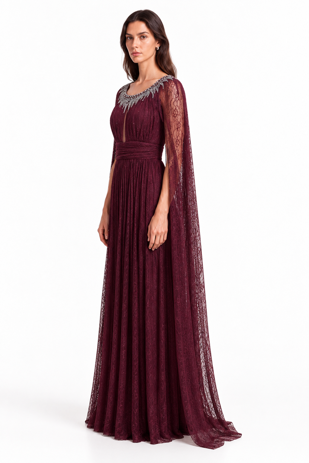 "Nadia" Crystal Cape Lace Gown