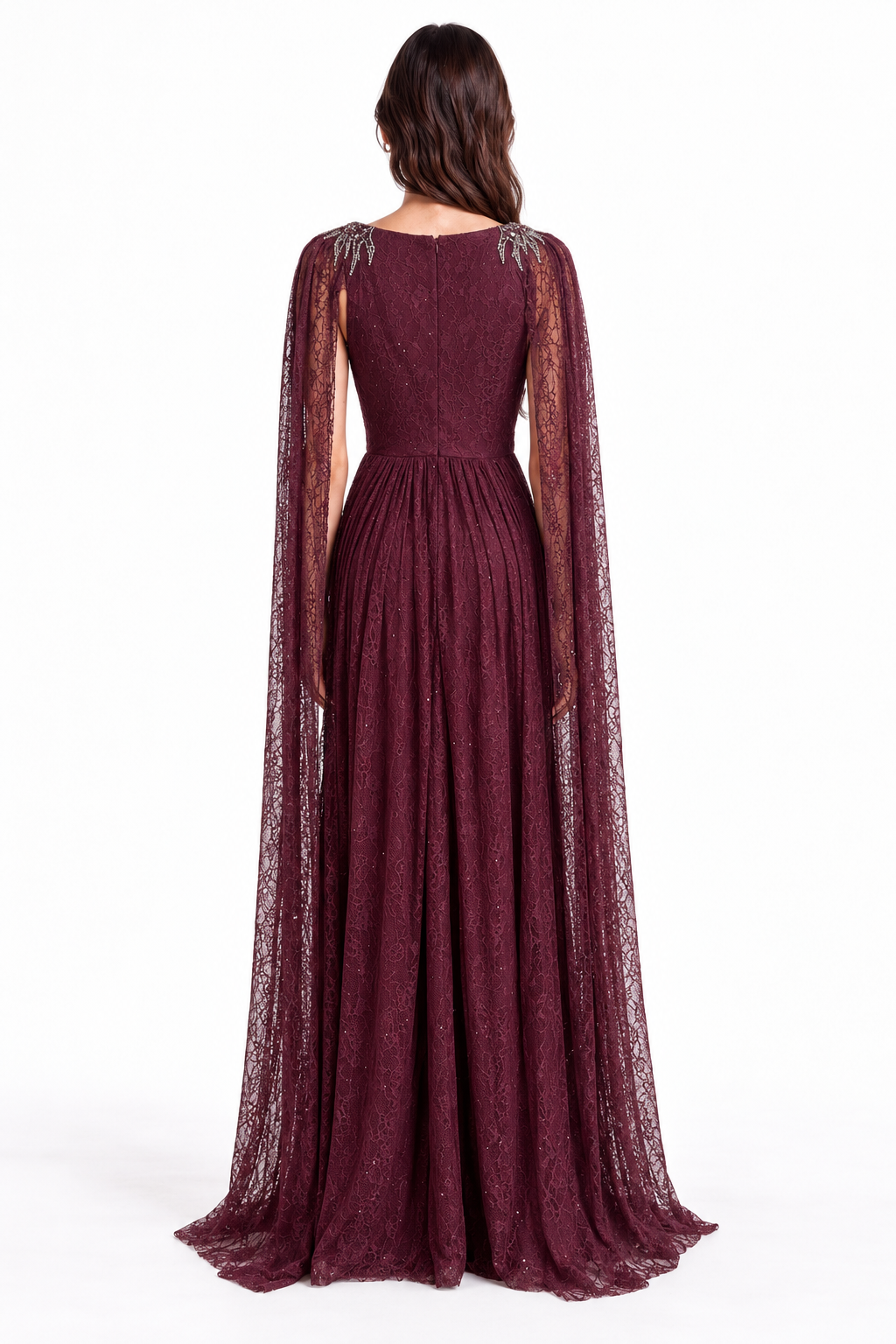 "Nadia" Crystal Cape Lace Gown