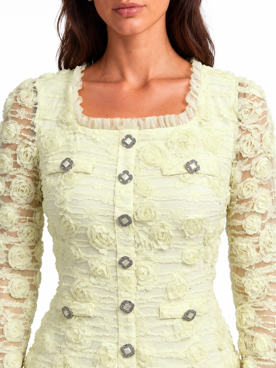 "Elara" 3D Floral Lace Button-Front Dress