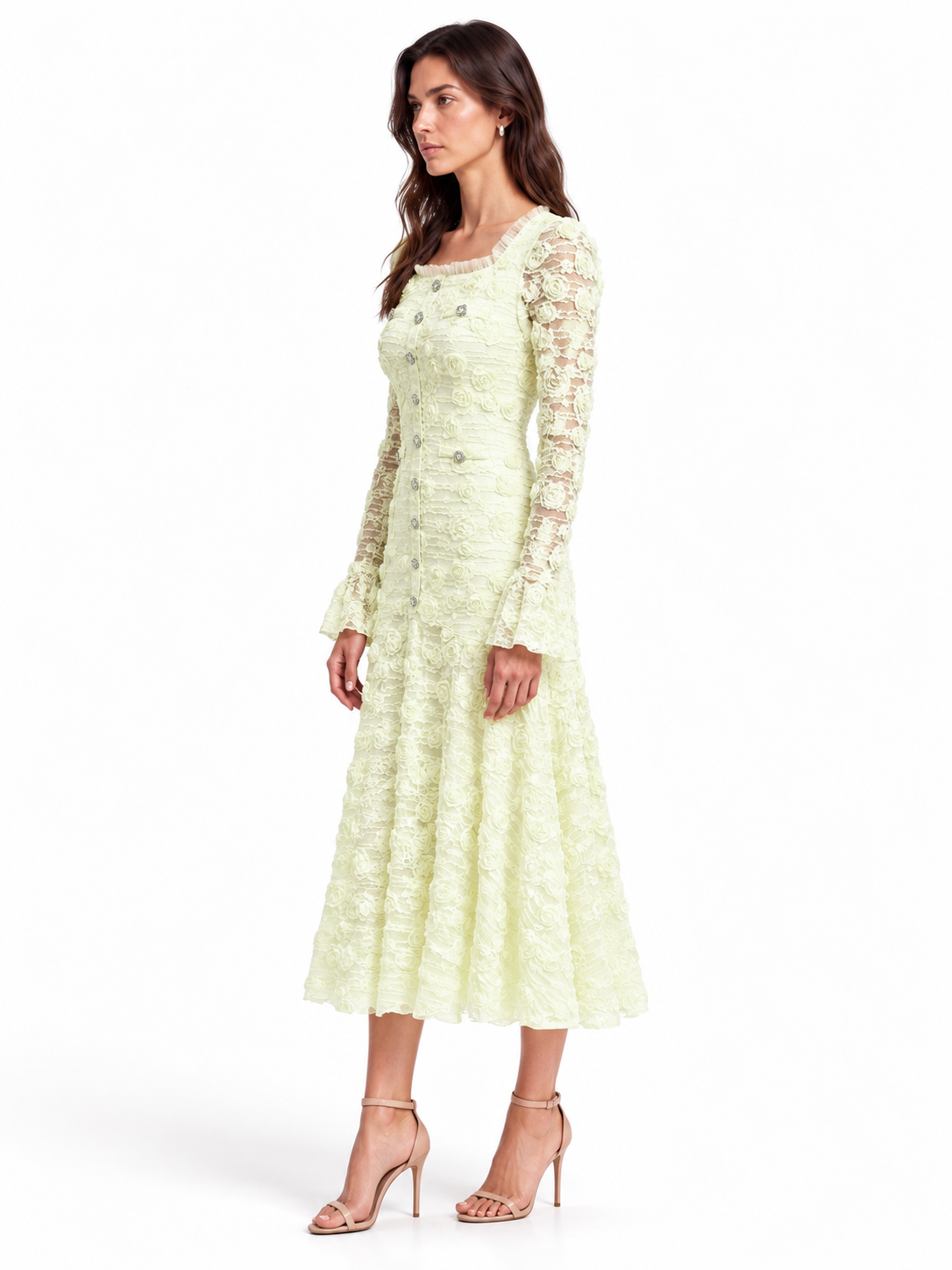 "Elara" 3D Floral Lace Button-Front Dress