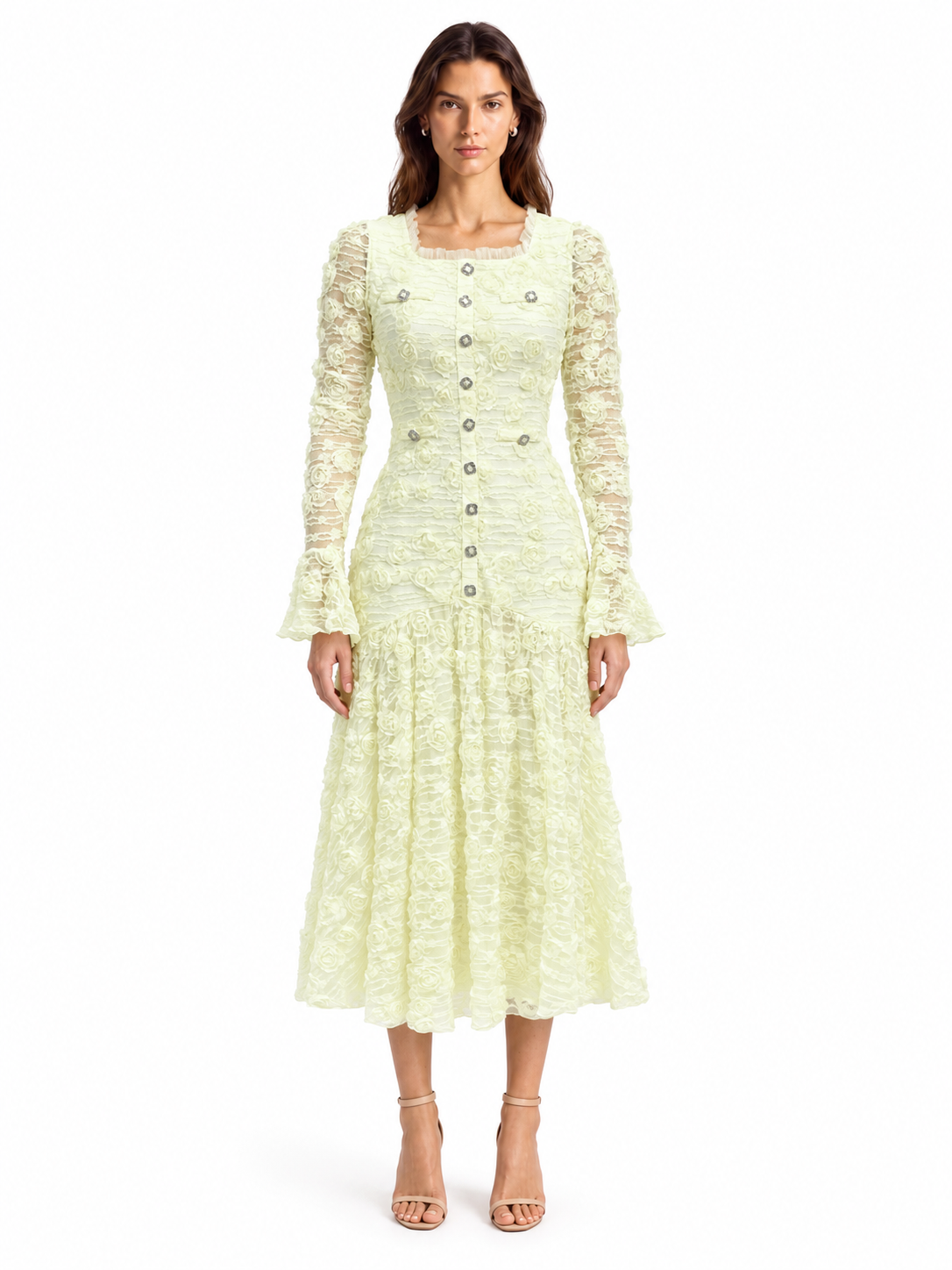 "Elara" 3D Floral Lace Button-Front Dress