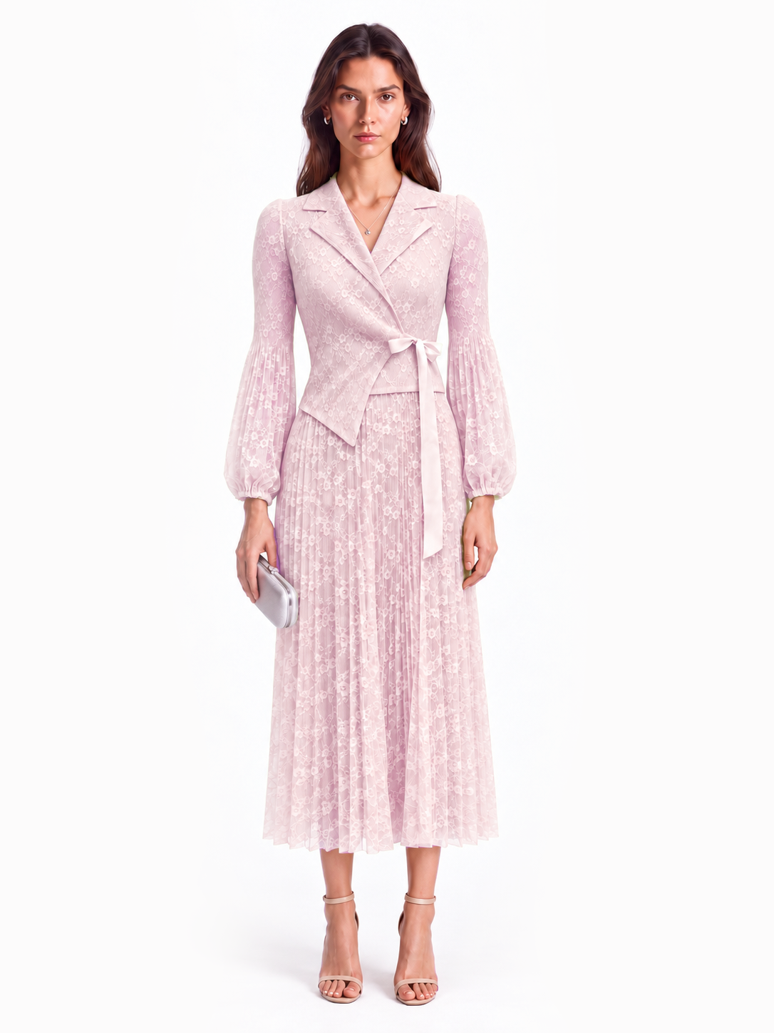 "Elara" Lace Jacket-Style Pleated Maxi Dress