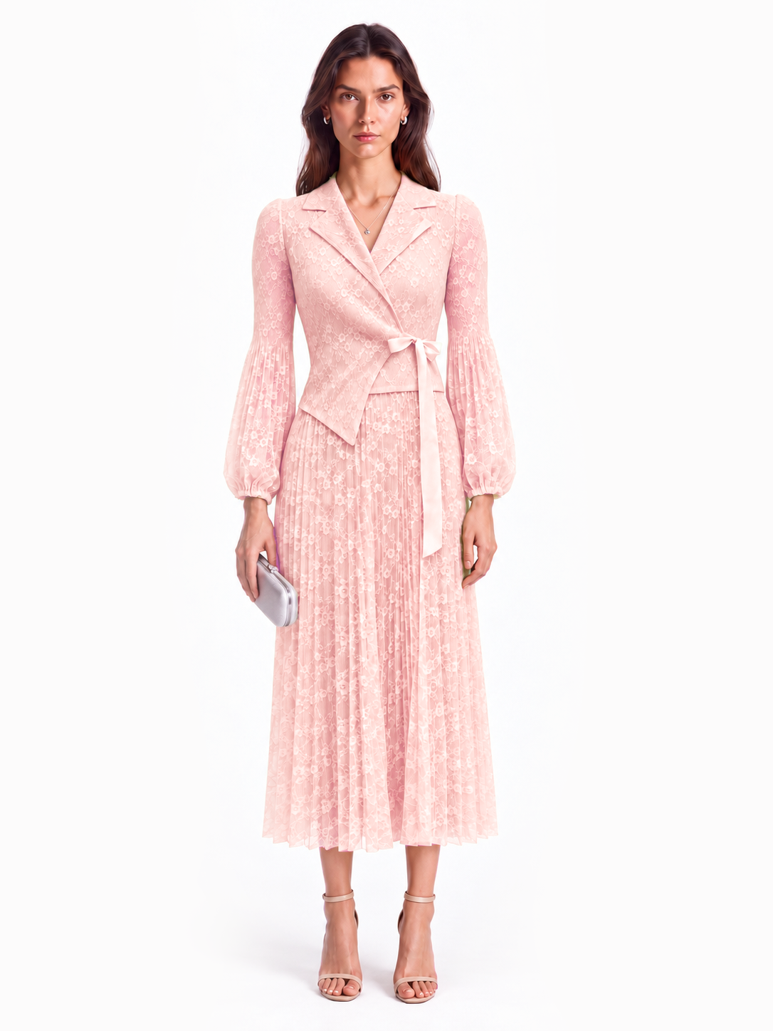 "Elara" Lace Jacket-Style Pleated Maxi Dress