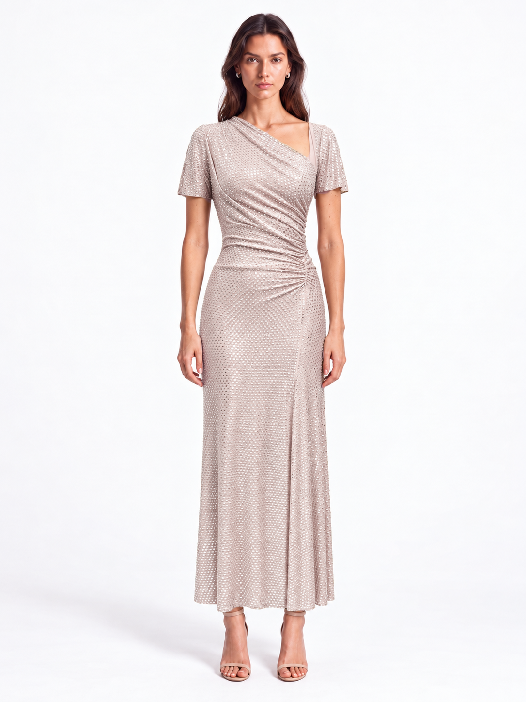 "Lina" Asymmetric Neck Rhinestone Mesh Dress