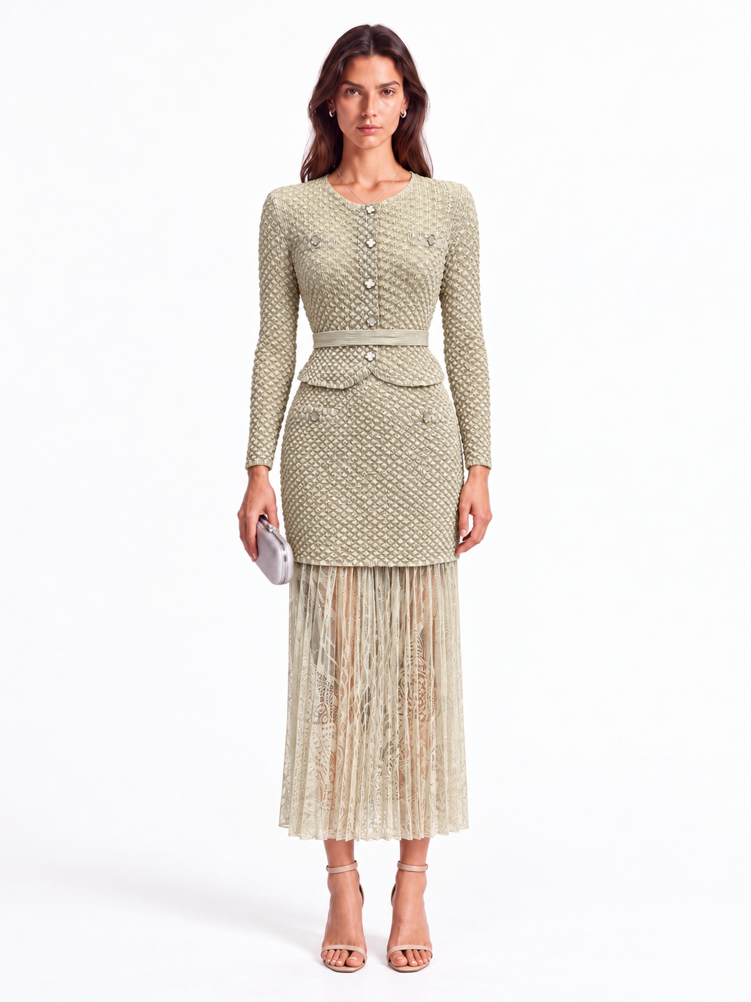 "Maya" Crinkle Chiffon & Mesh Buttoned Jacket Skirt Set