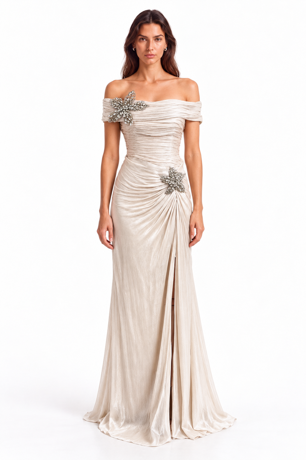 "Mira" Crystal Flower Off-Shoulder Gown