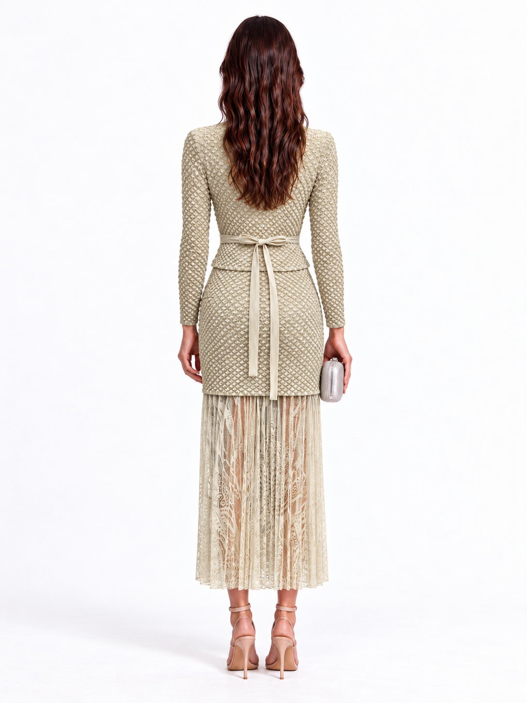 "Maya" Crinkle Chiffon & Mesh Buttoned Jacket Skirt Set
