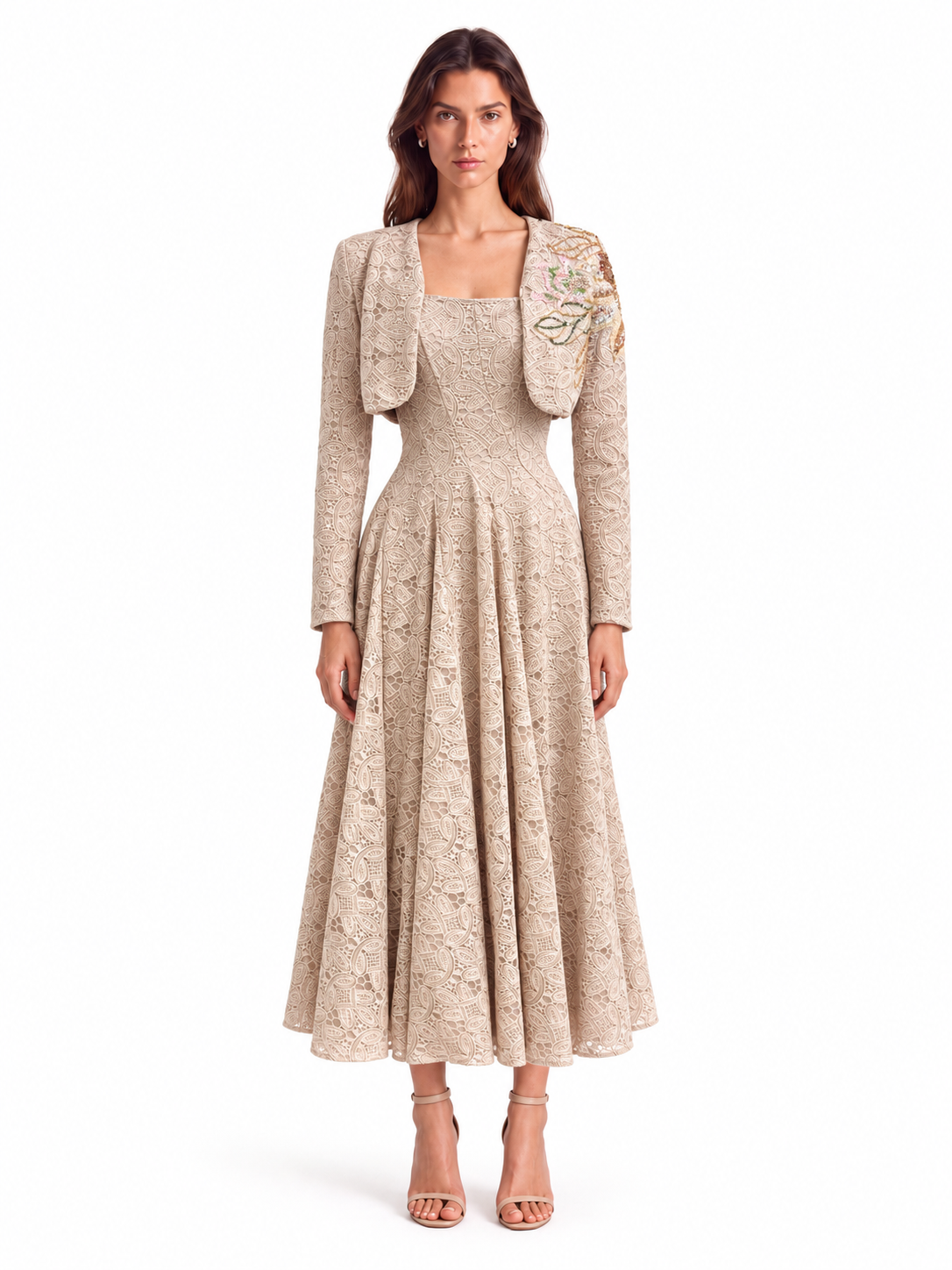 "Elara" Square-Neck Lace Midi Dress
