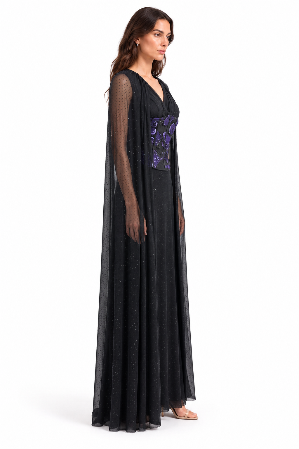 "Mira" Floral Corset Cape Gown