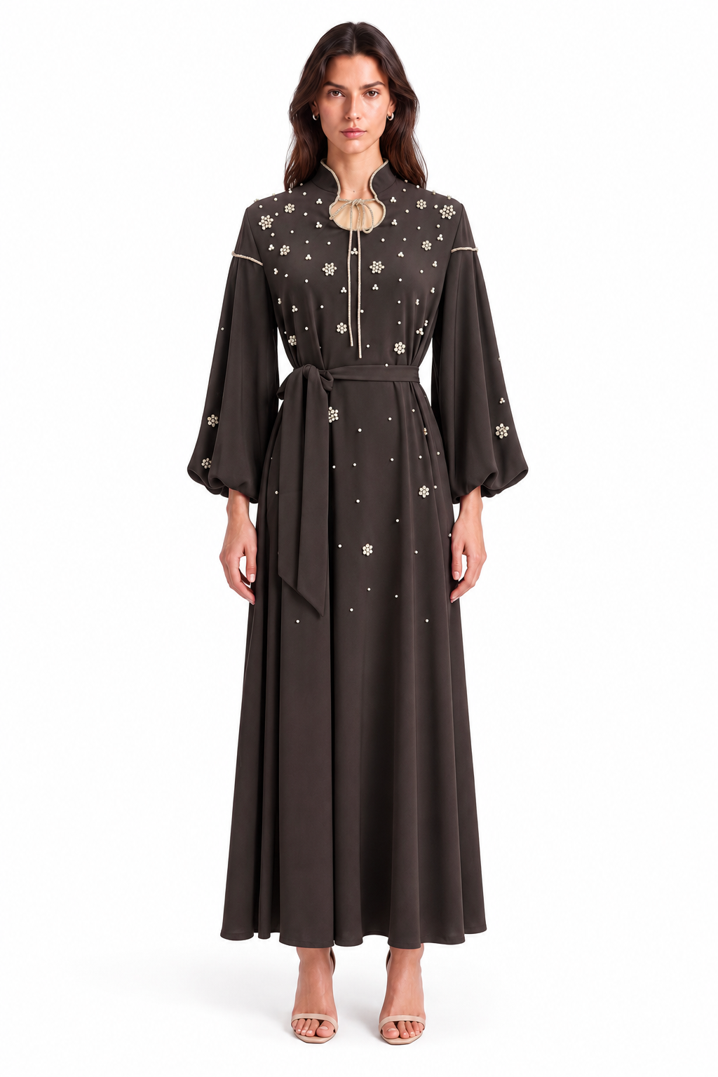"Mariam" Pearl Tie-Neck Balloon Sleeve Dress