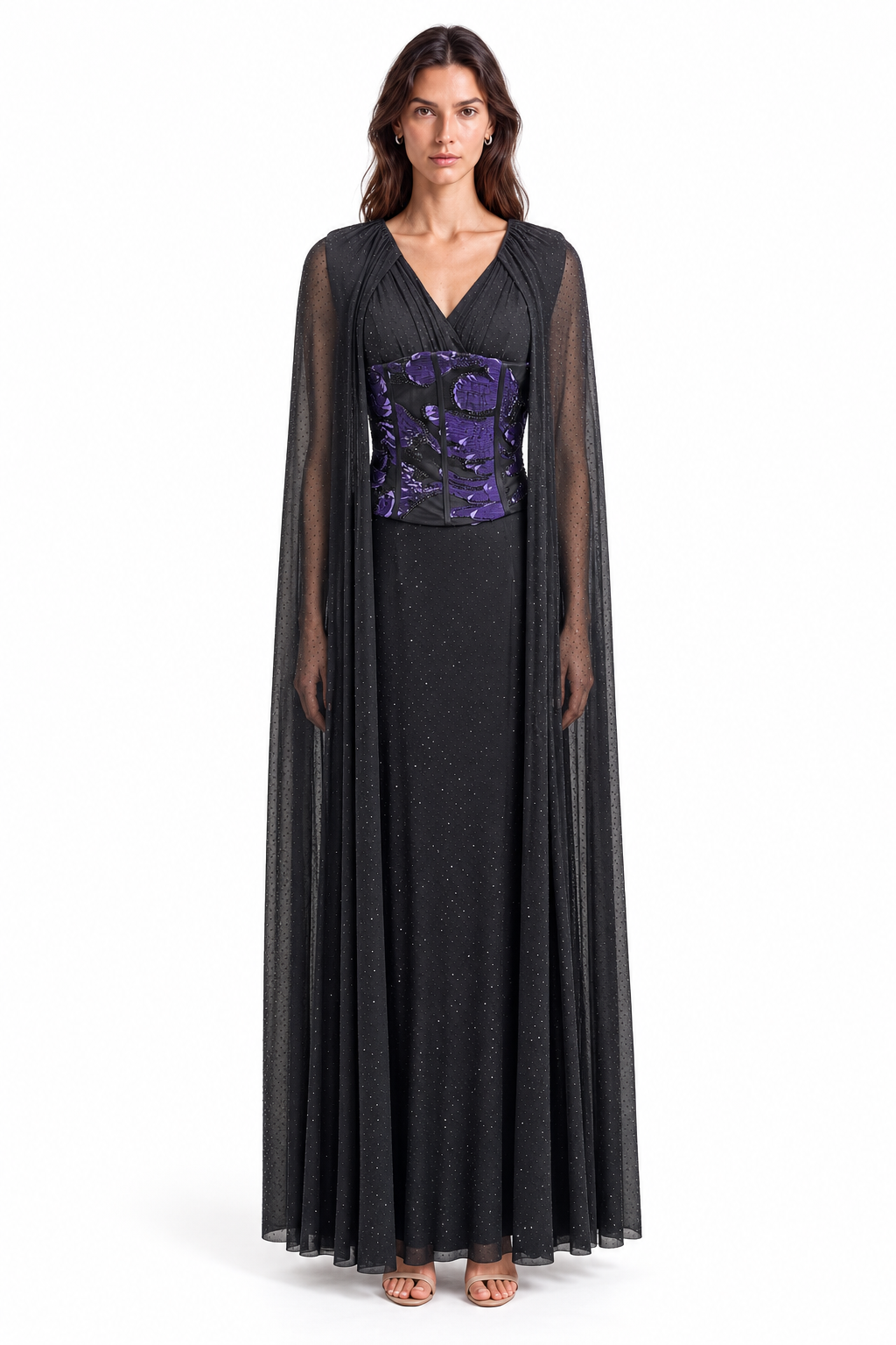 "Mira" Floral Corset Cape Gown