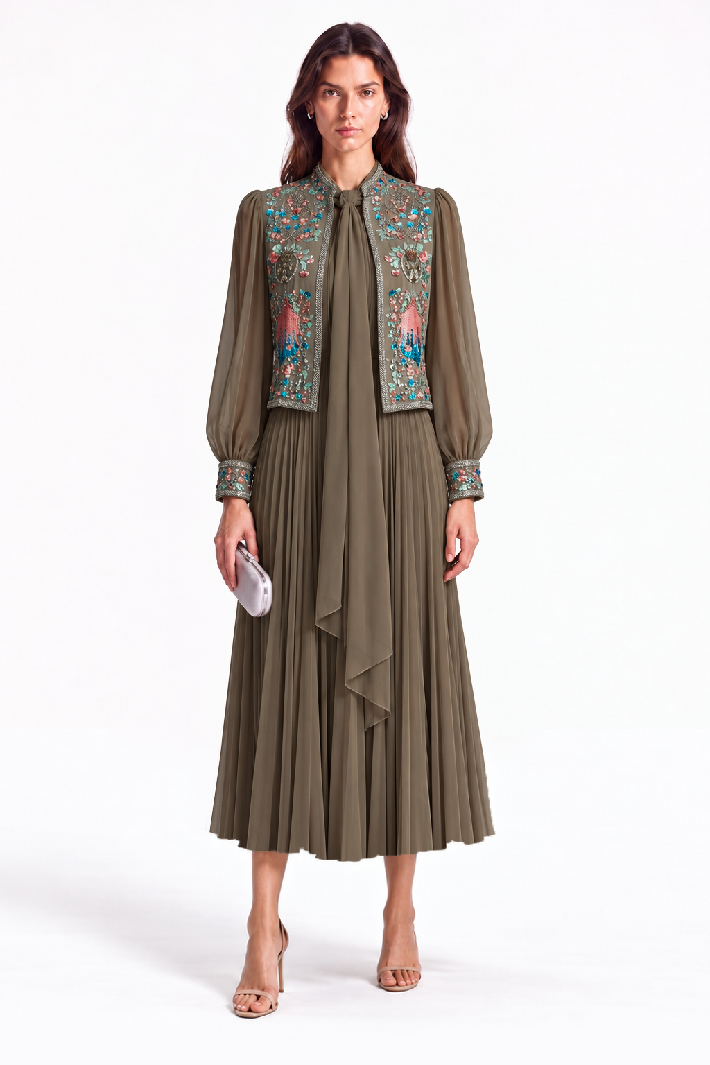 "Nesma" Embroidered Tie-Neck Pleated Dress