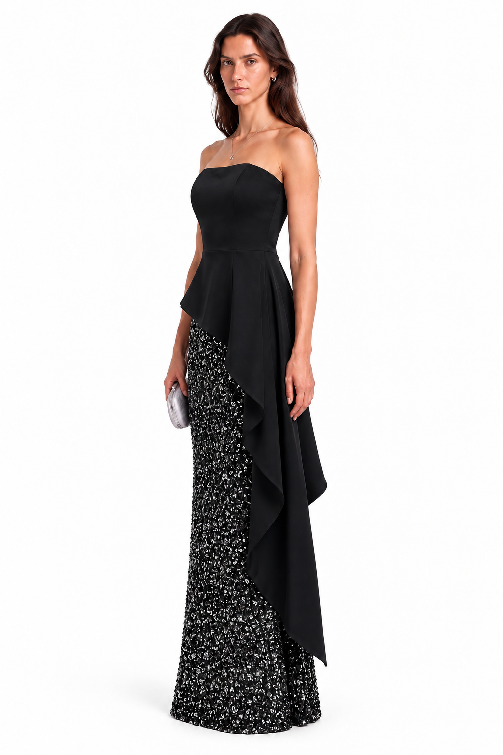 "Aveline" Strapless Sequin Drape Gown