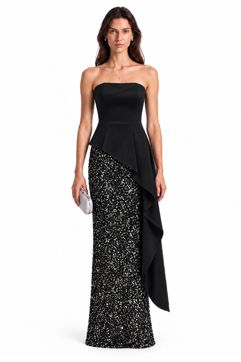 "Aveline" Strapless Sequin Drape Gown