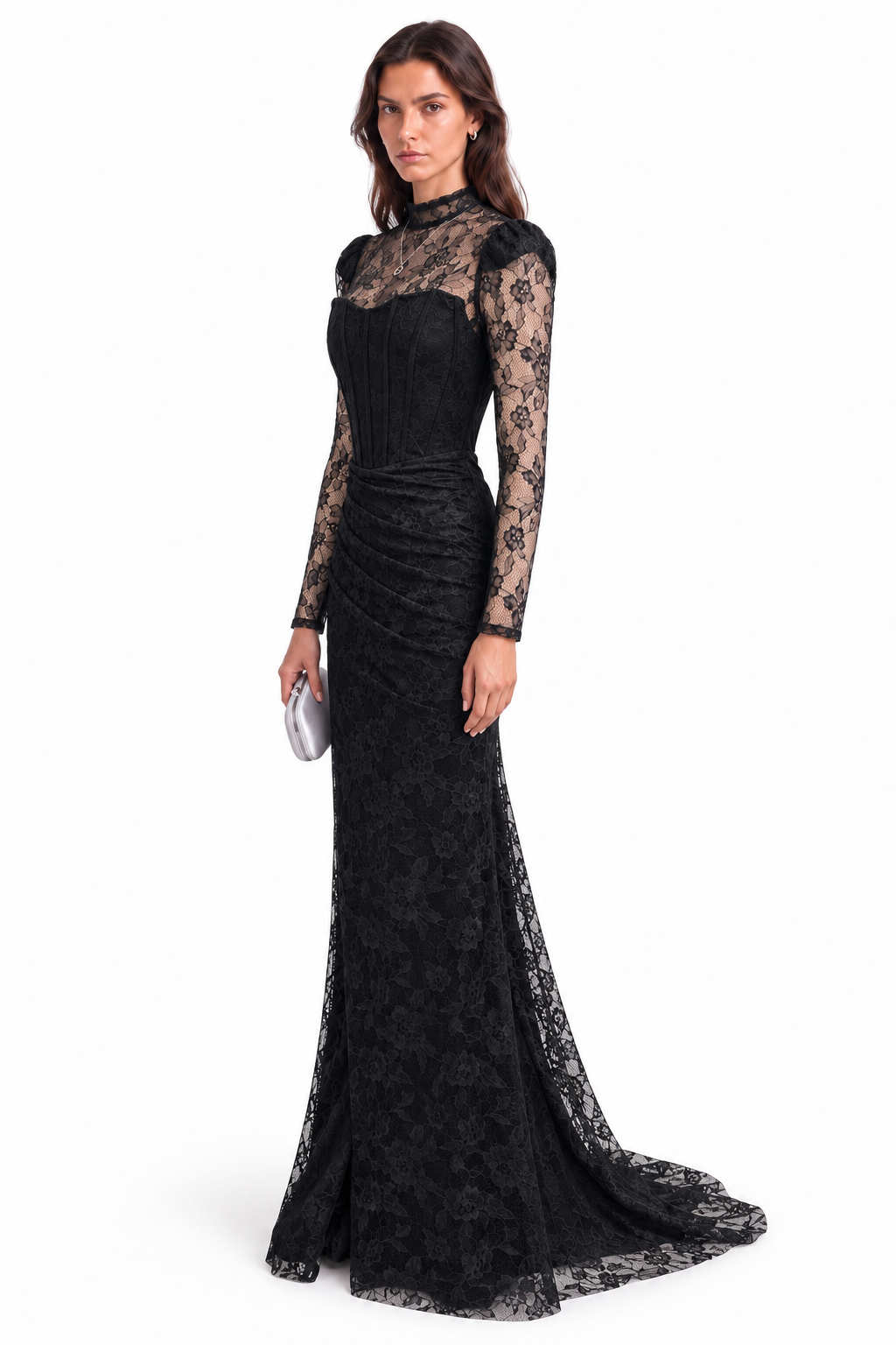 "Elara" Lace High Neck Draped Gown