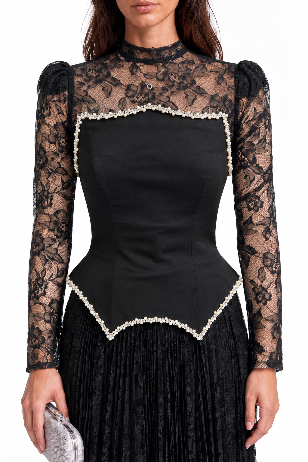 "Seren" Pearl Trim Pleated Gown